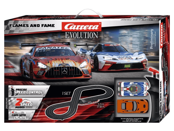 Carrera Evolution – Set Flames And Fame – Mercedes-AMG GT3 Vs KX-BOW GTX – 1/32, 5.3 Mètres