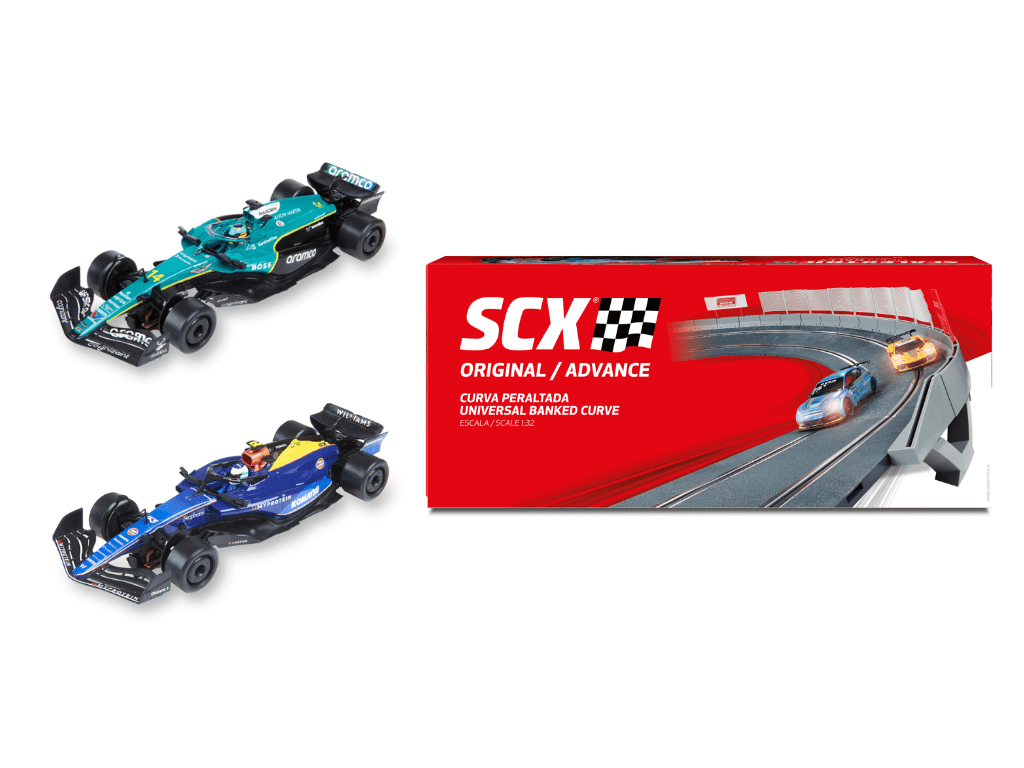 SCX Classic | Banked Curve & Formula 1 Car Set | Bundle 27 | 1/32 Slot Cars